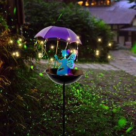 YUNJACKEYDZ solar fairy bird feeder with umbrella brightens garden at dusk