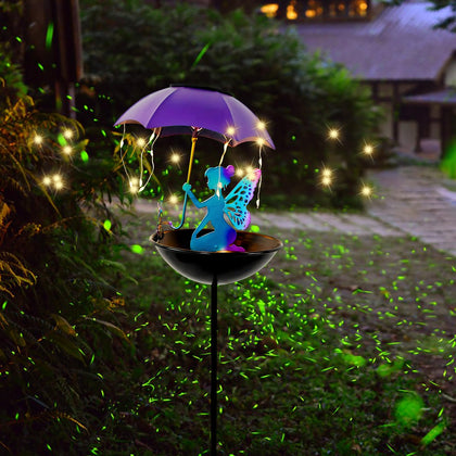 YUNJACKEYDZ solar fairy bird feeder with umbrella brightens garden at dusk
