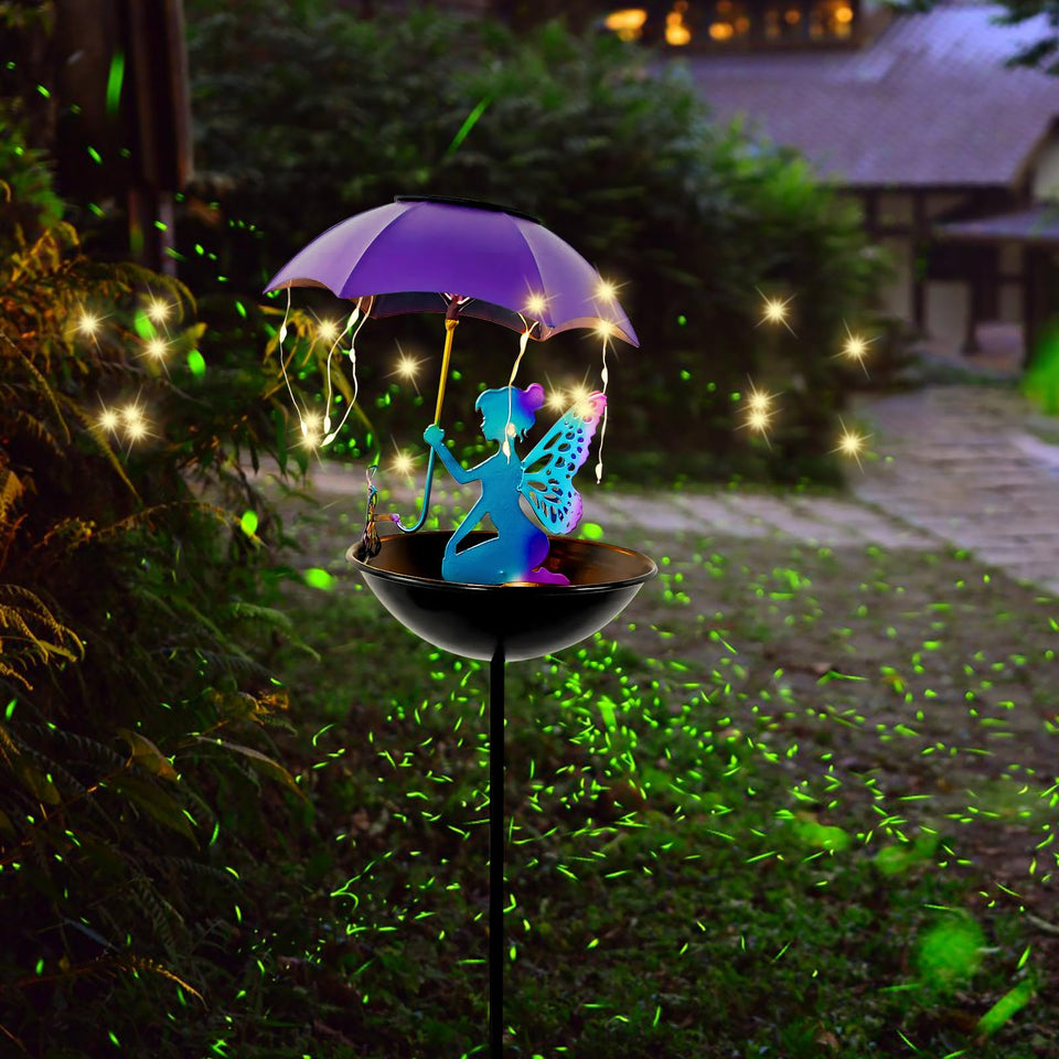 YUNJACKEYDZ solar fairy bird feeder with umbrella brightens garden at dusk