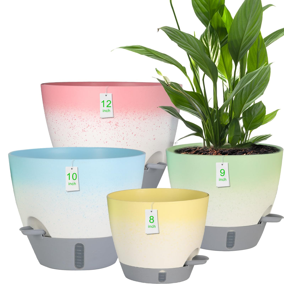 YUNLINGAA 12-inch planter with white gradient finish and water level window for easy moisture checking.
