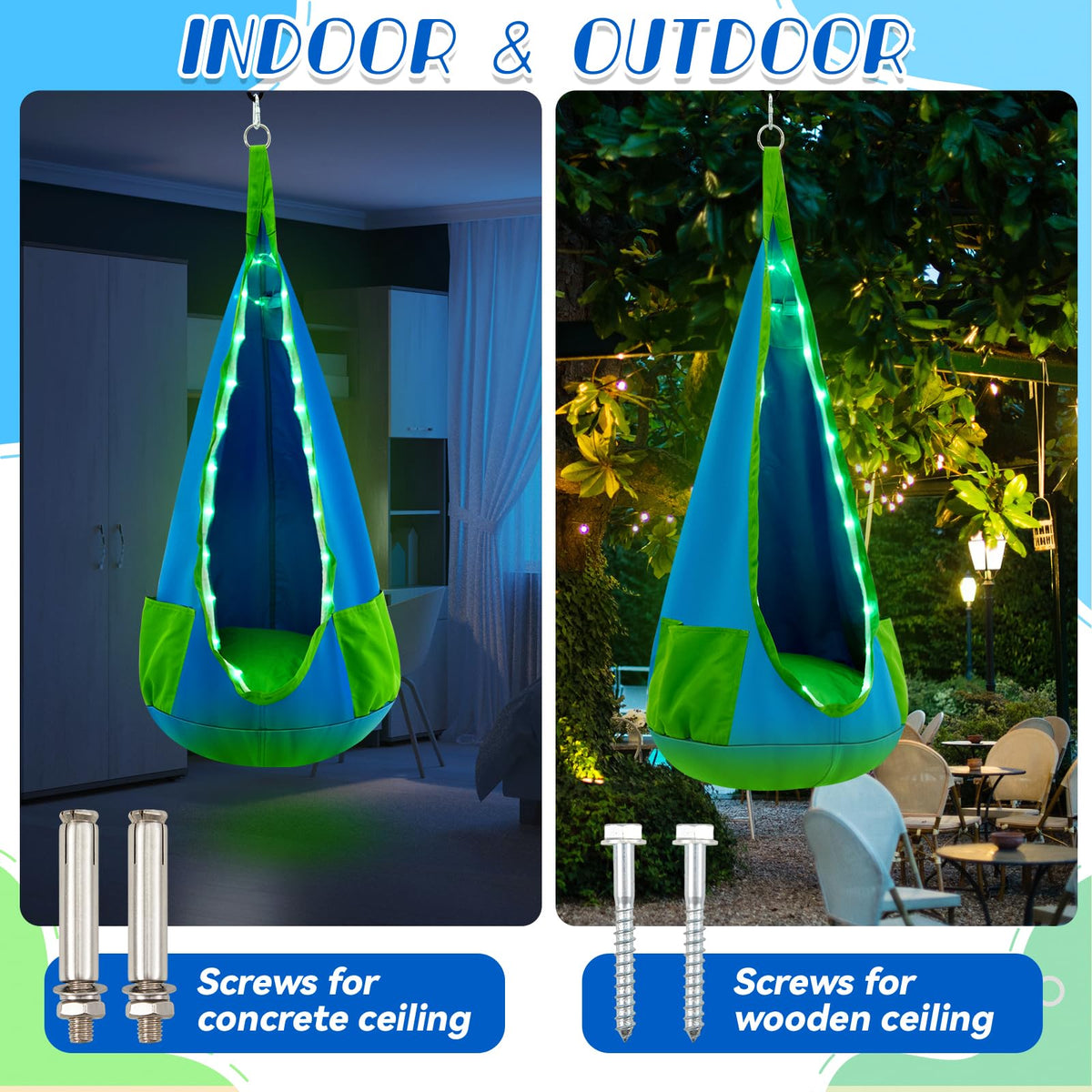 Indoor bedroom setup showing a cozy sensory space with the Yuntau pod swing.