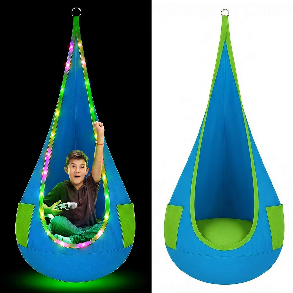 Yuntau light-up kids pod swing seat shown in full setup with vibrant LED glow for magical play.