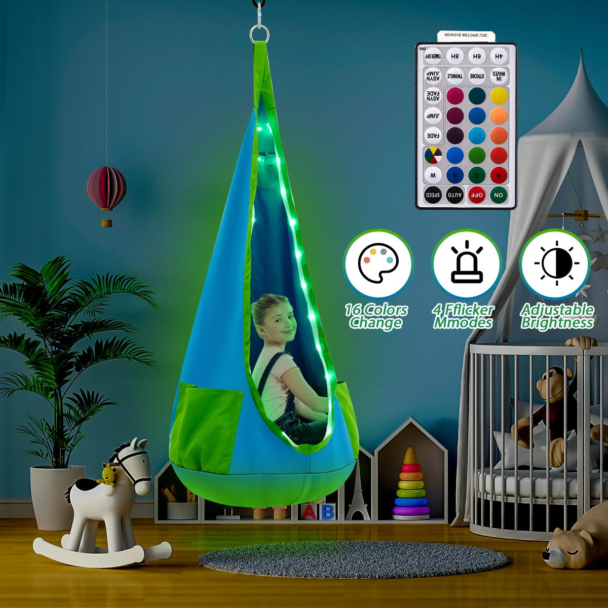 Remote control included for Yuntau light-up pod swing with multiple lighting options.