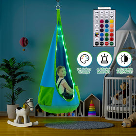 Remote control included for Yuntau light-up pod swing with multiple lighting options.
