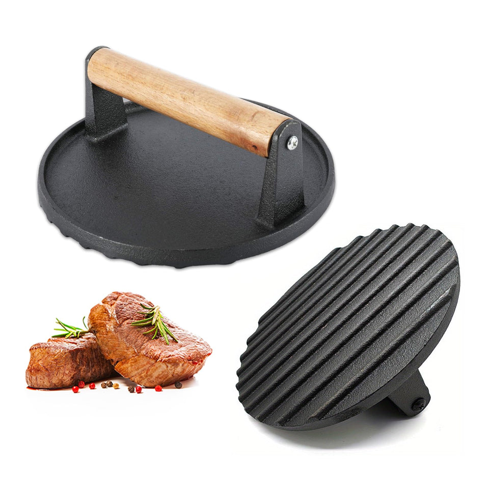 YUNYDSM cast iron press round top view for even burger formation.