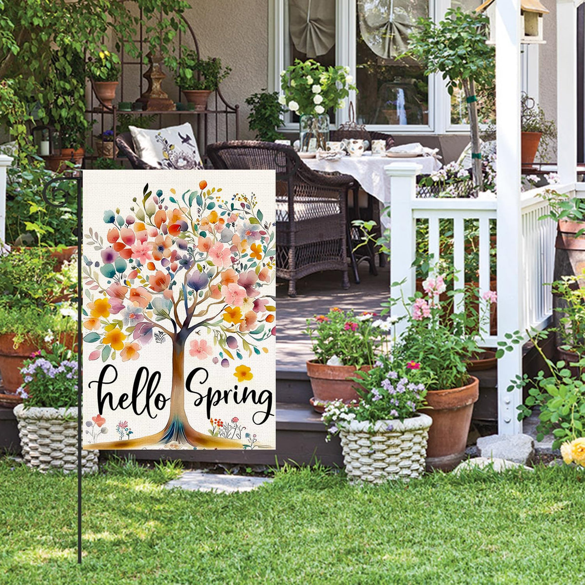 YUUIKLLE Hello Spring Garden Flag flower pattern cues spring vibes for entrances and gates.