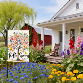 YUUIKLLE Hello Spring Garden Flag outdoor use withstands weather for seasonal decorations.