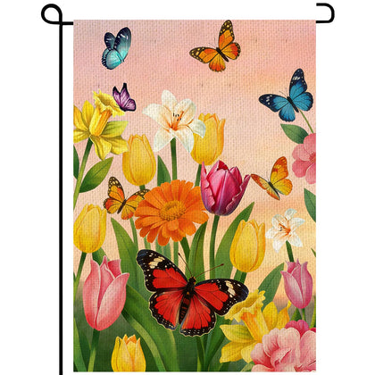 YUUIKLLE spring tulip butterfly garden flag welcomes guests outdoors.