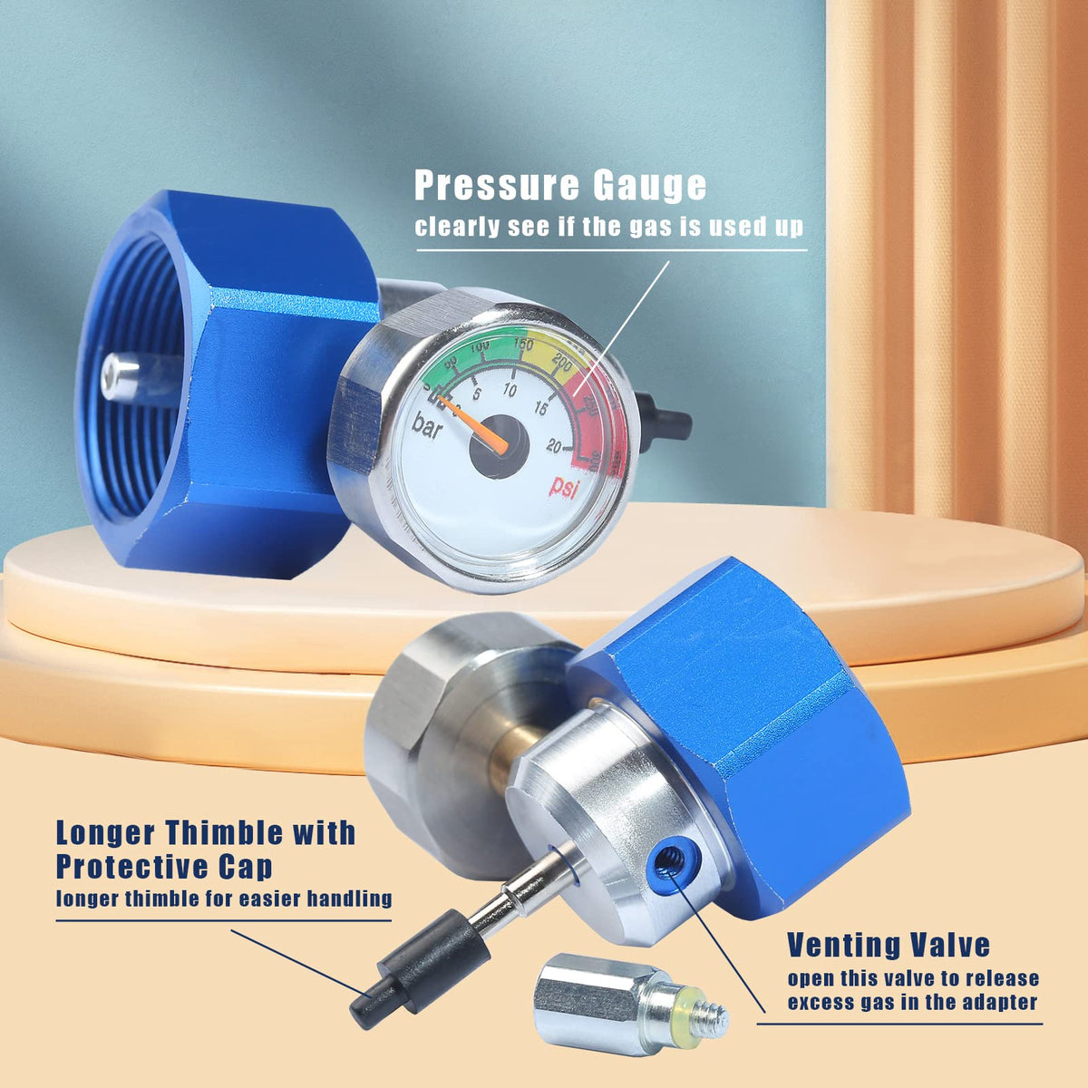 YUXIVCNE propane adapter with pressure gauge for at-a-glance monitoring.