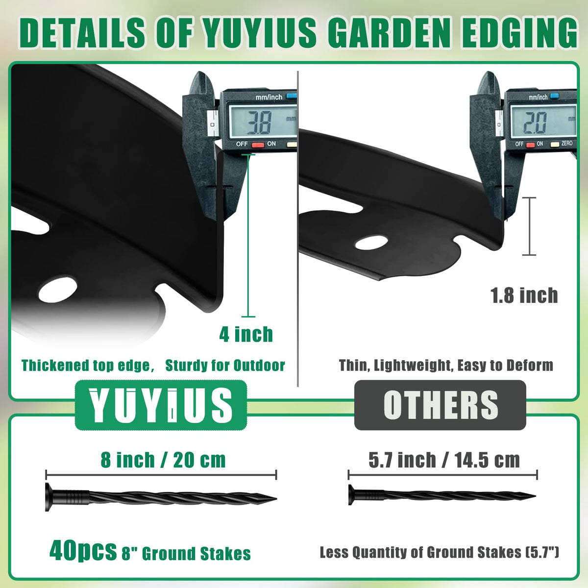 YUYIUS no-dig edging kit with 40 stakes enables quick, tidy garden installations.