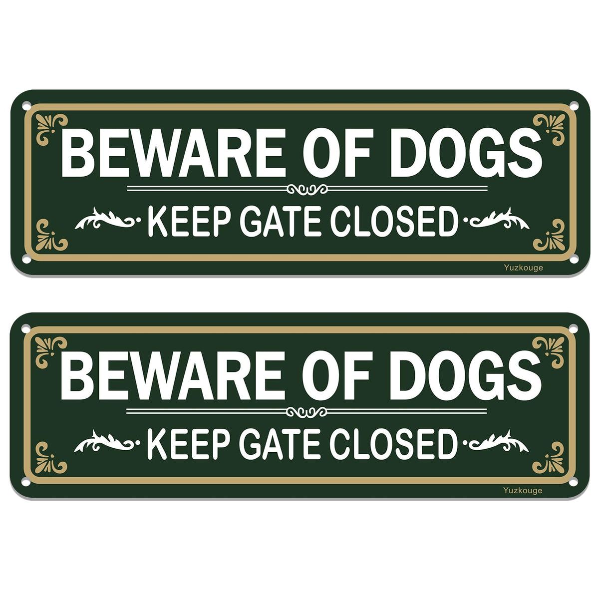 Yuzkouge Beware of Dog sign 2-pack with bold text improves outdoor visibility and safety.