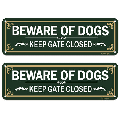 Yuzkouge Beware of Dog sign 2-pack with bold text improves outdoor visibility and safety.