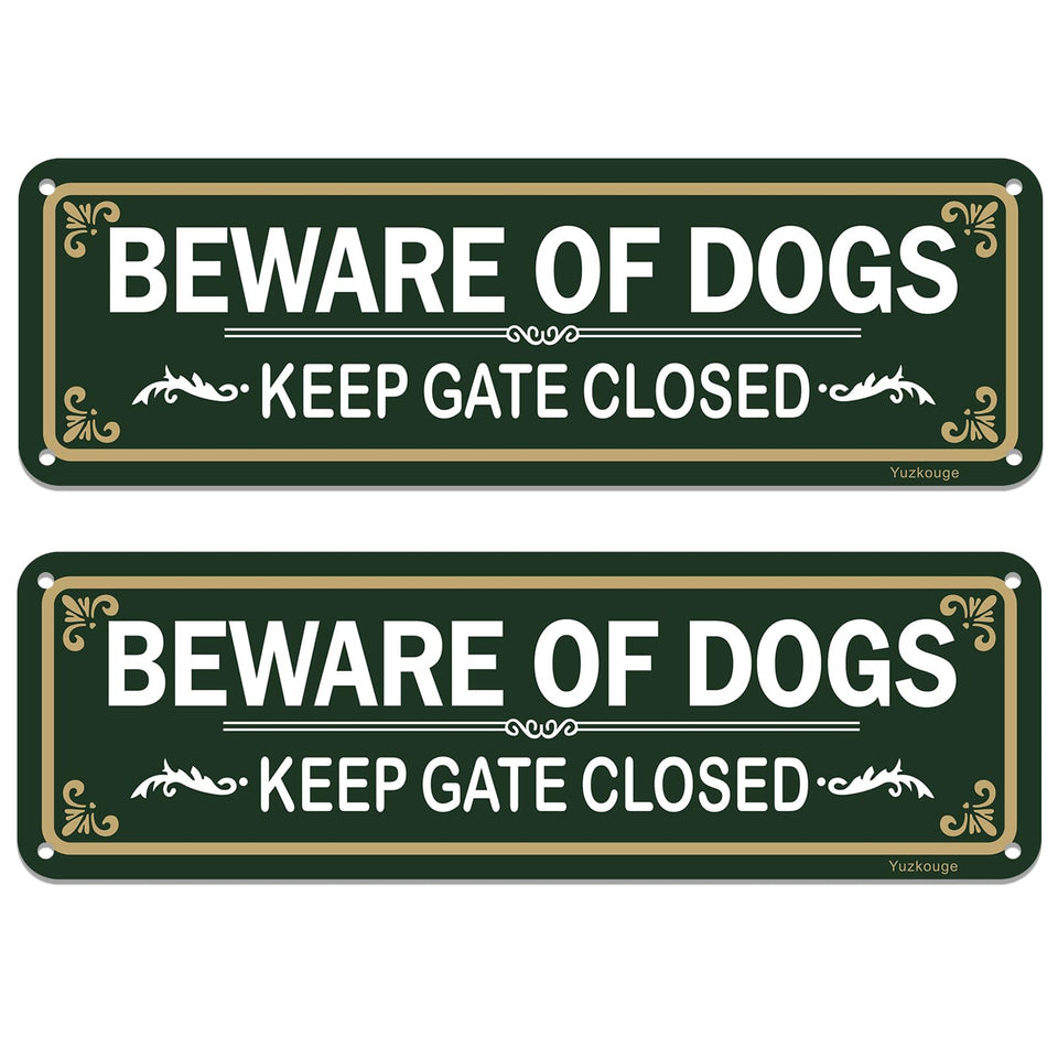Yuzkouge Beware of Dog sign 2-pack with bold text improves outdoor visibility and safety.