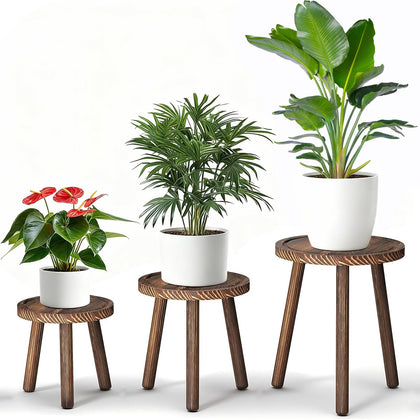 YUZUKYAUY 3-pack plant stands in heavy burnt finish for tidy indoor displays.