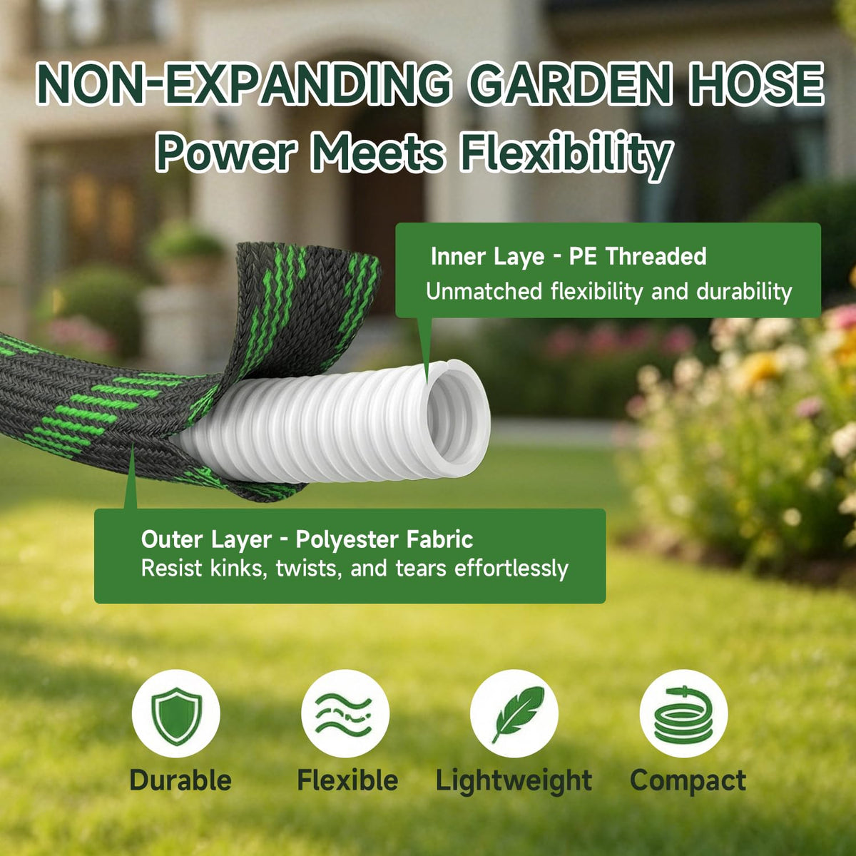 YWGGS puncture-resistant cover hose withstands rocks and rough paths during garden tasks.
