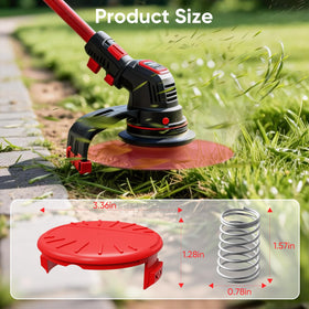 YWTESCH cap installation demo shows tool-free secure fit on weed eater head.