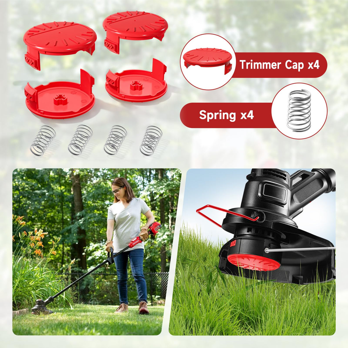 YWTESCH weed-eater cap on head shows durable replacement part.