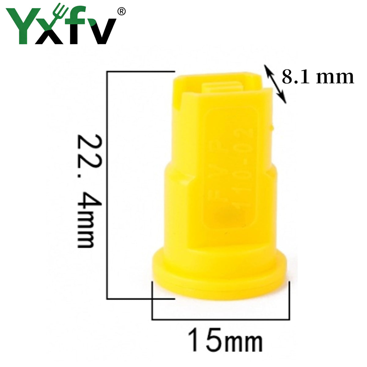 Closeup of YXFV AIXR11002VP sprayer nozzle in yellow showing precision design.