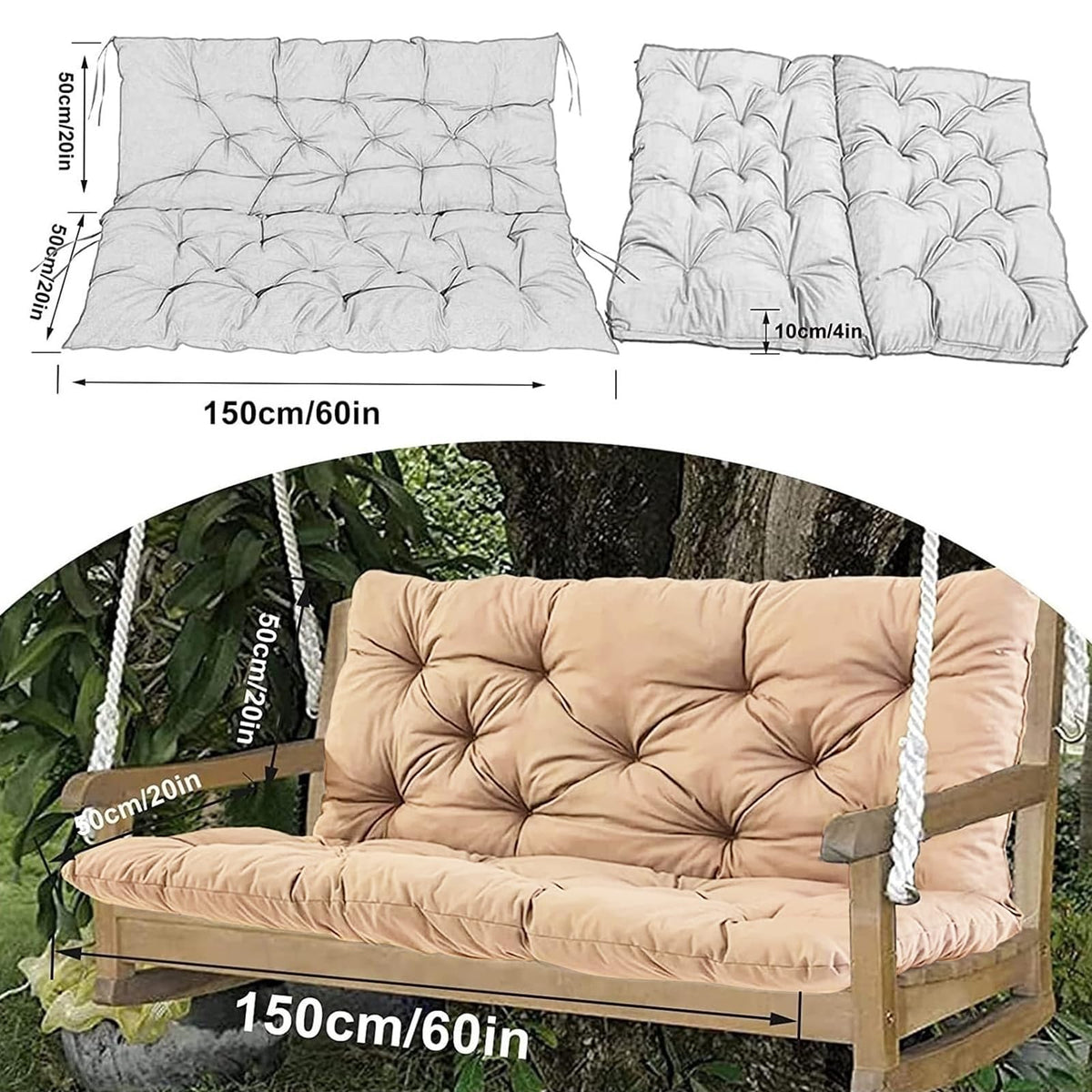 Outdoor porch scene displaying cushions on a swing for easy relaxation.