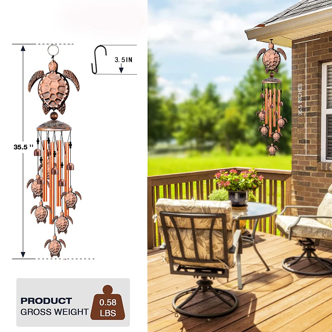 YXOTJHS Turtle wind chime shows rings and S-hooks for easy hanging.