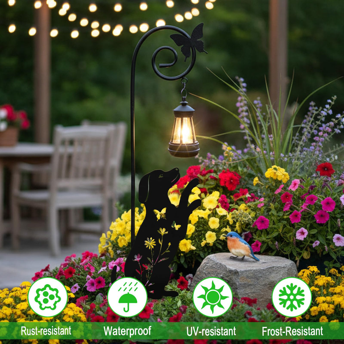 YY Gardenia weatherproof solar lantern shines year-round in outdoor settings.