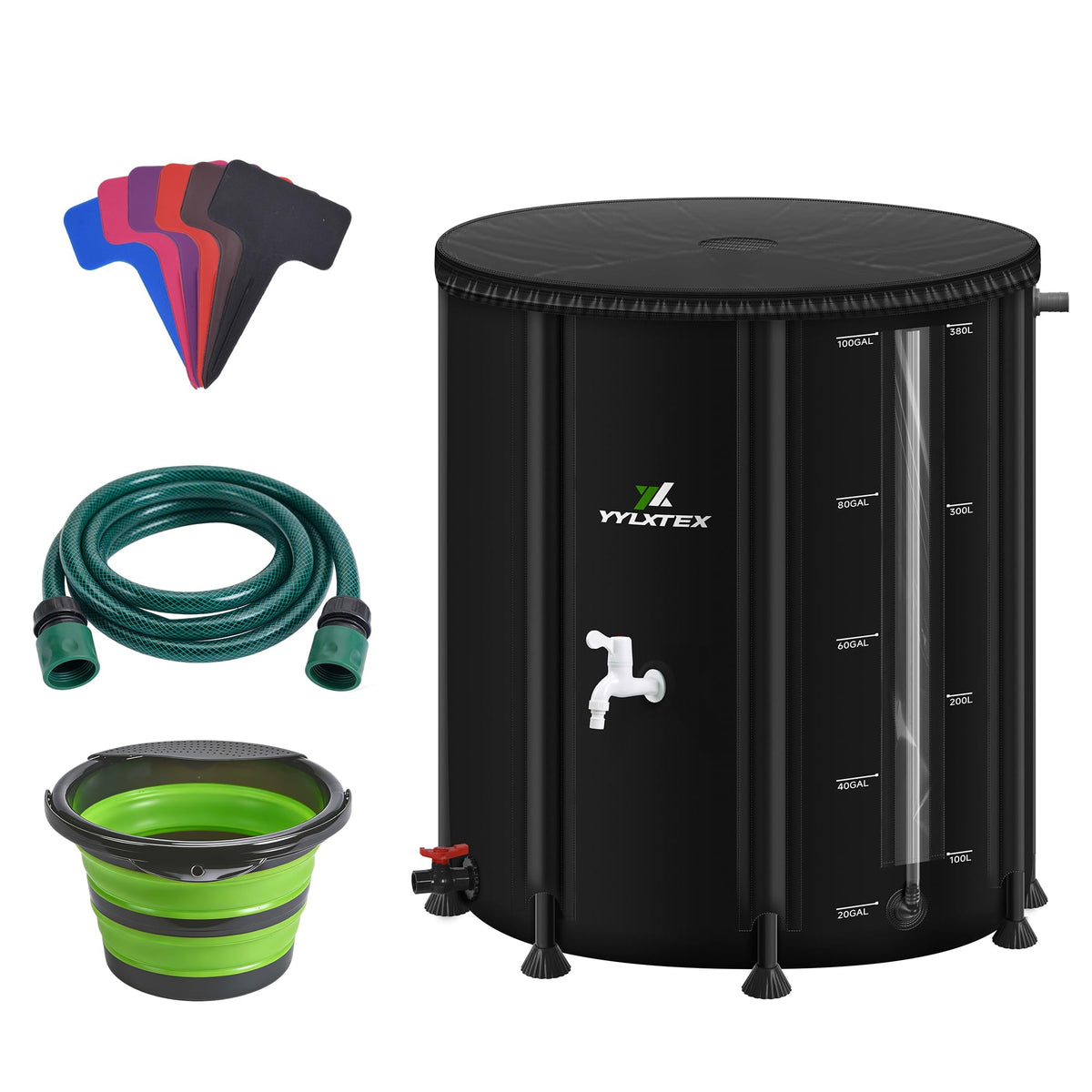 YYLXTEX 100gal collapsible rain barrel ready to harvest rainwater for gardens.