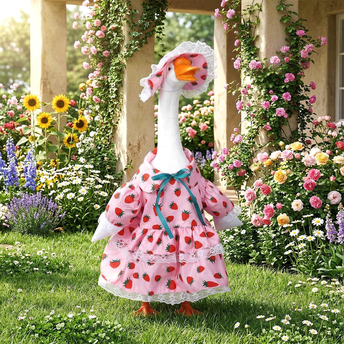 Easy-to-dress design allows quick seasonal refresh of lawn statue.