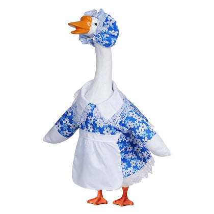 Yymobt spring goose outfit dress and hat ensemble on statue for festive curb appeal.