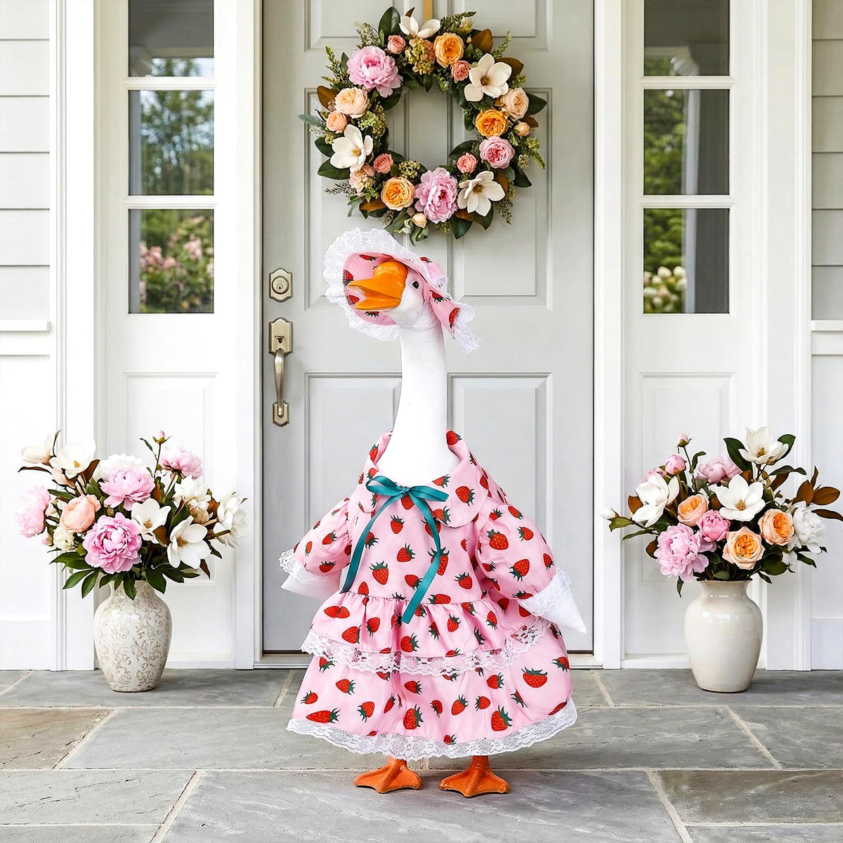 Strawberry motif outfit creates inviting outdoor greeting with Yymobt decoration.
