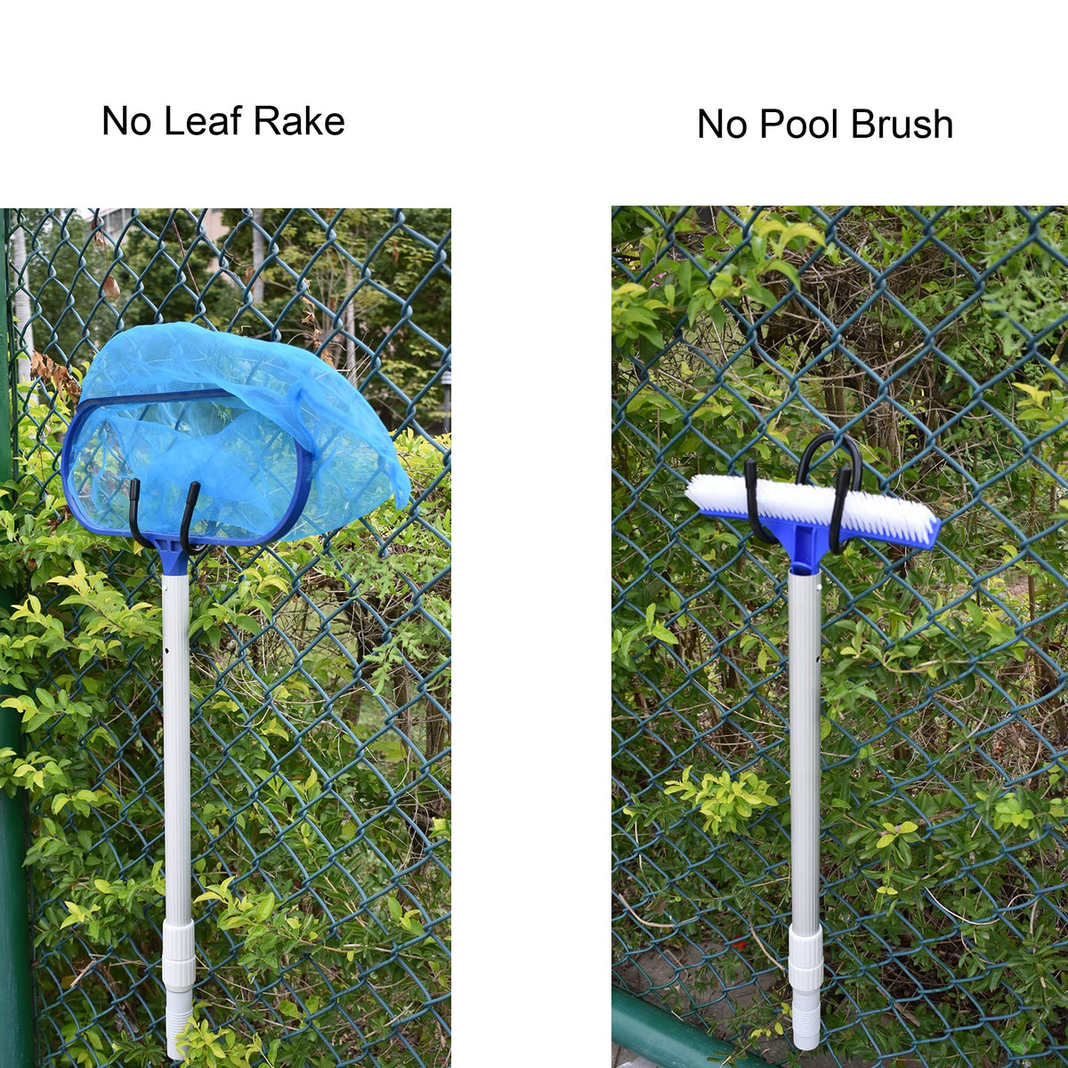Hangers on a fence holding lightweight poles and brushes.