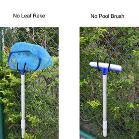 Hangers on a fence holding lightweight poles and brushes.