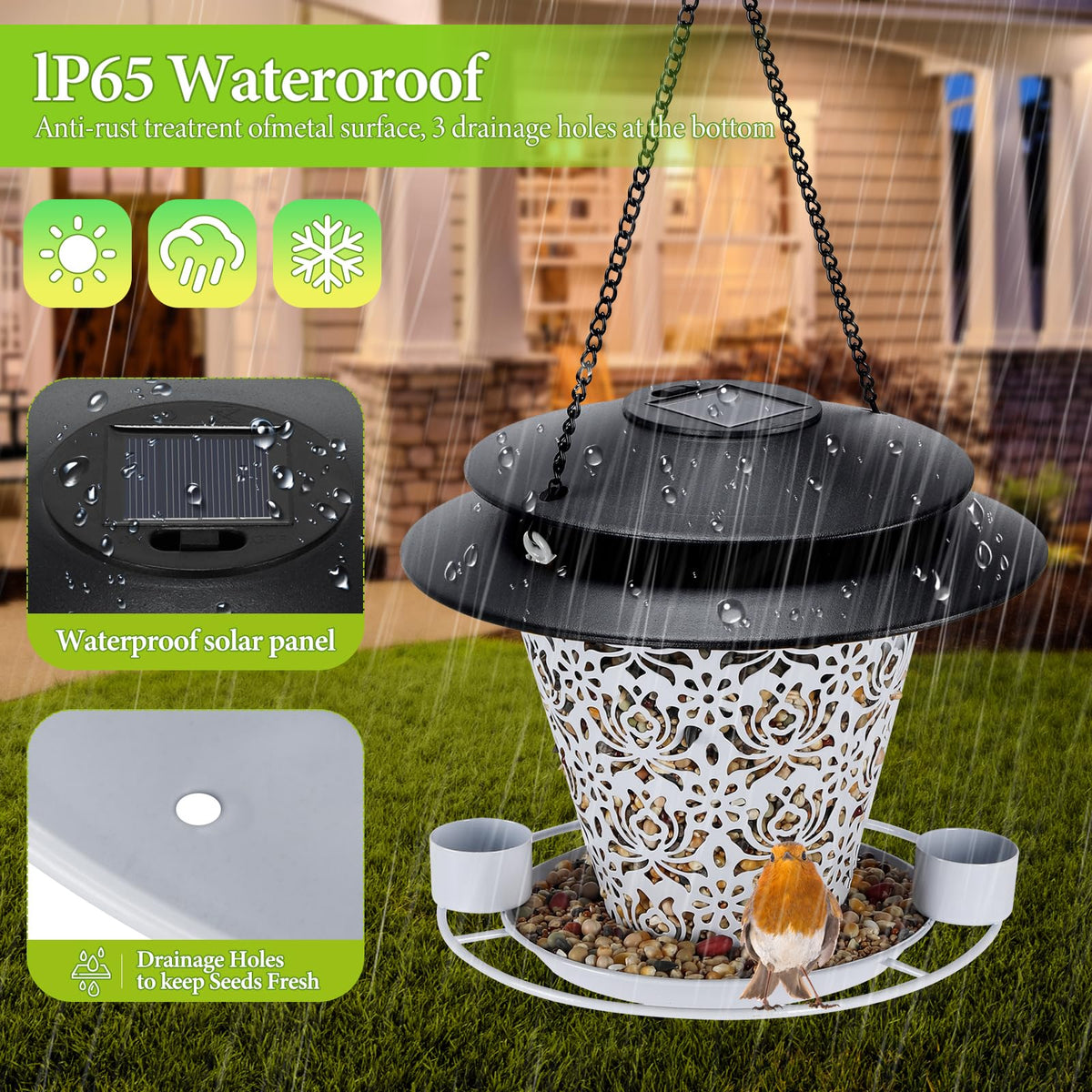 YYWMWM Drainage holes, vents, and drinking cups ensure seeds stay fresh and birds stay hydrated.