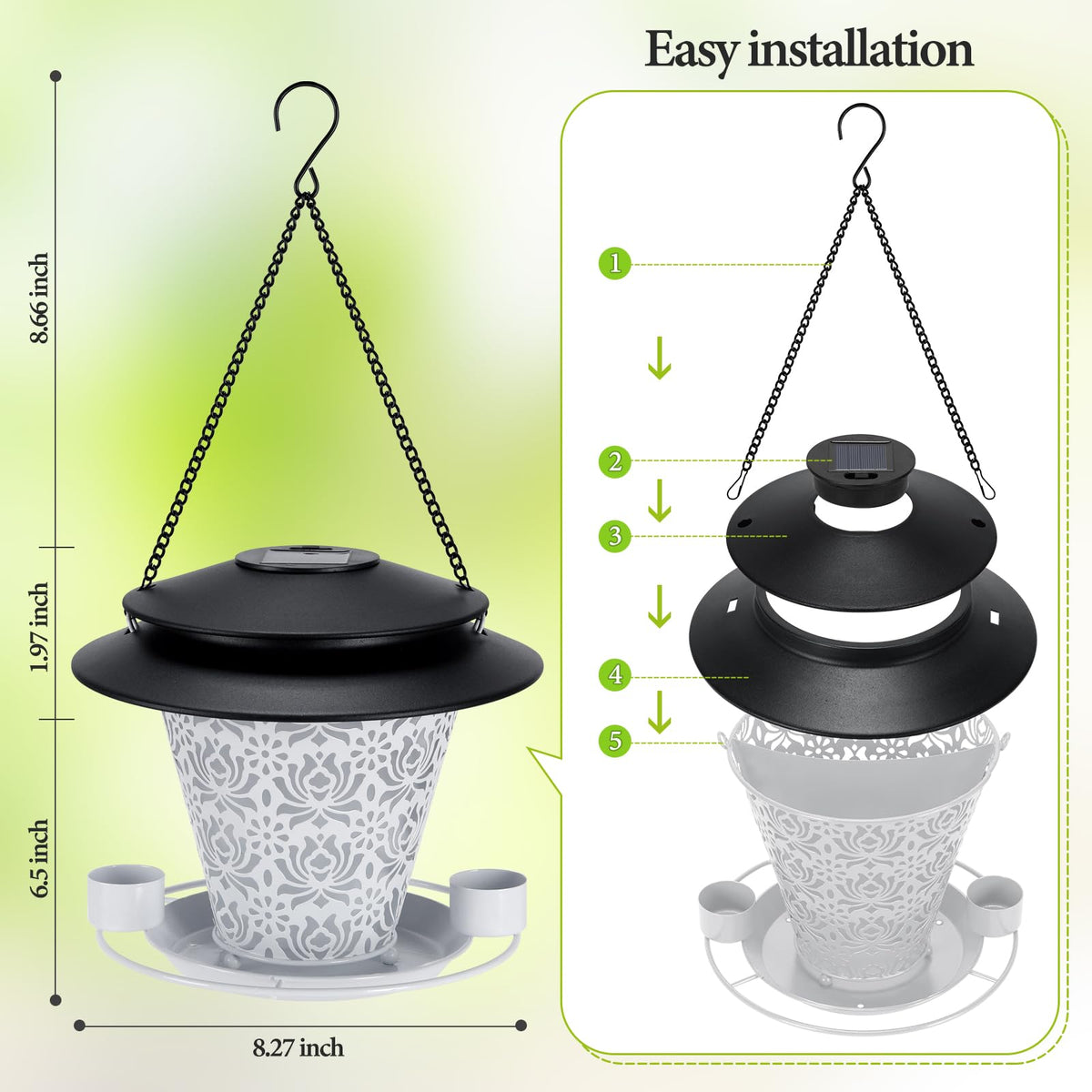 YYWMWM Metal Bird Feeder shows a durable, weather-ready construction for outdoor use.