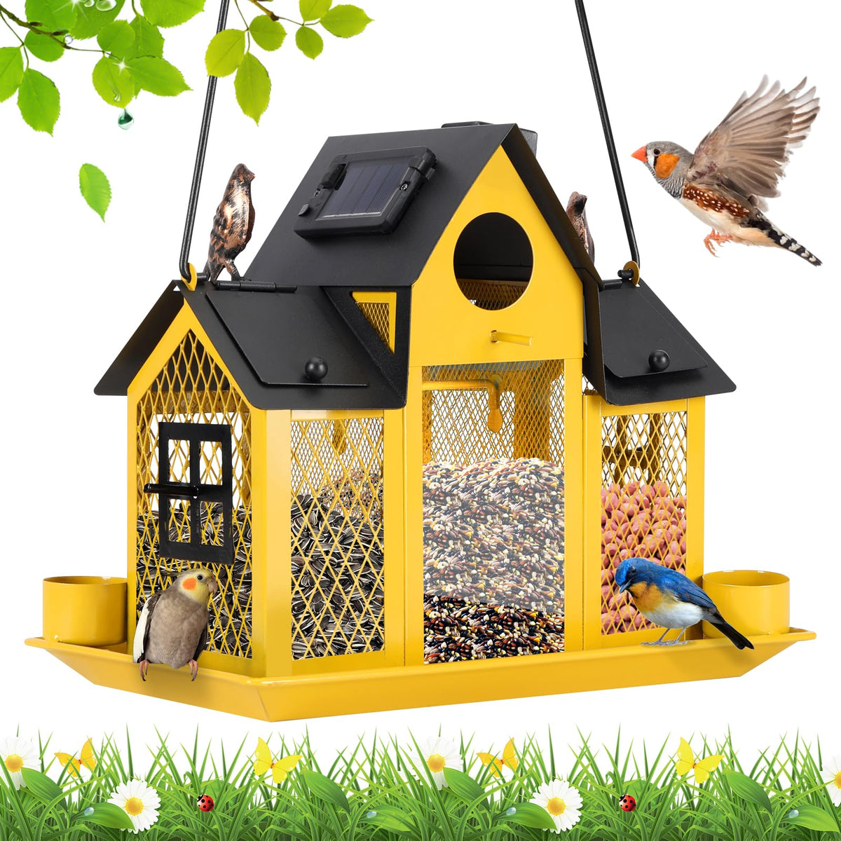 YYWMWM solar bird feeder house outdoors, yellow finish, convenient viewing and bird attraction.