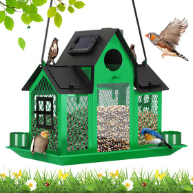 YYWMWM Solar Bird Feeder House in green, easy seed monitoring for backyard birding