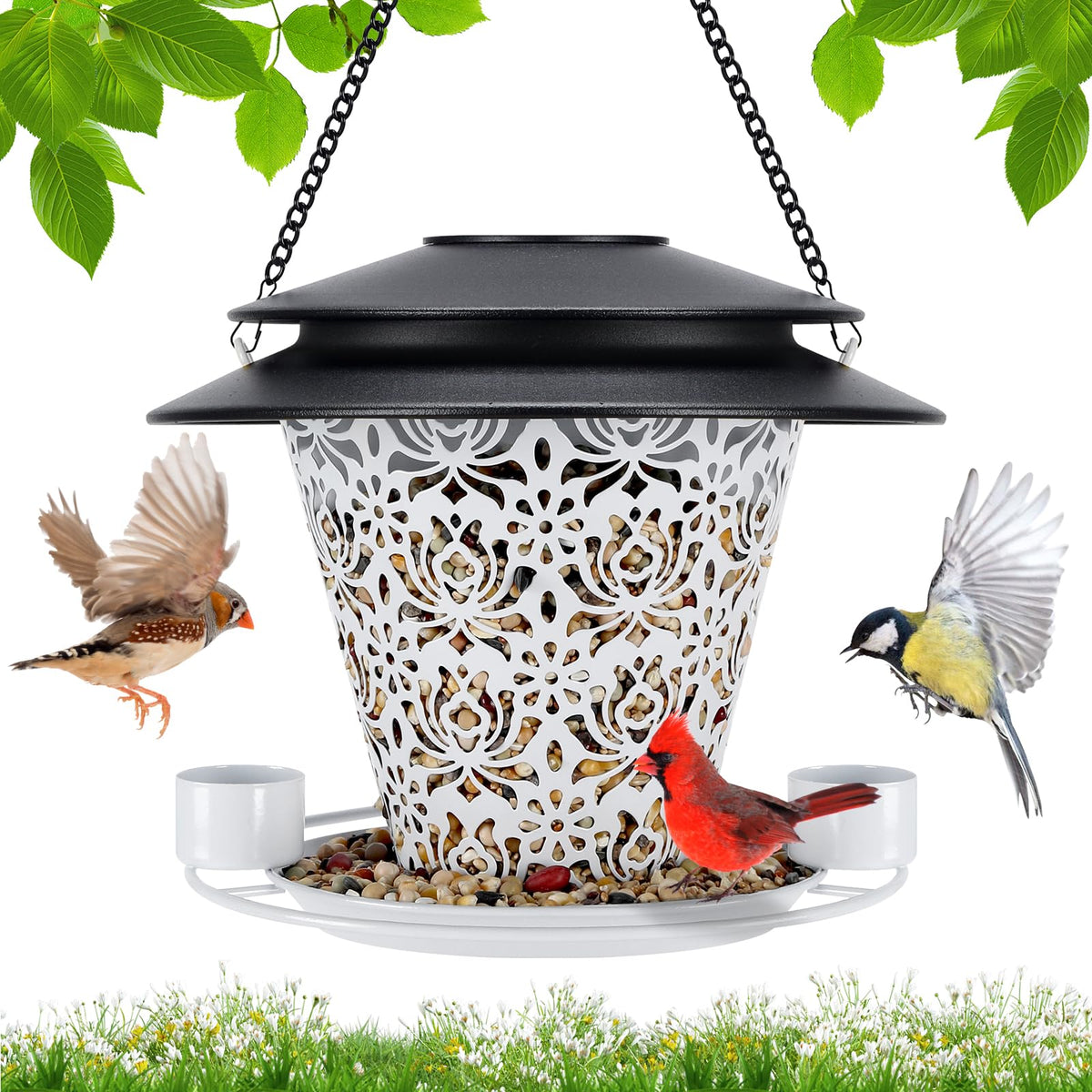 YYWMWM Solar Bird Feeder Lantern outdoors in white, attracting birds and lighting the garden.