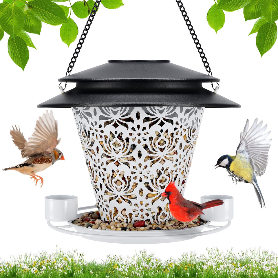 YYWMWM Solar Bird Feeder Lantern outdoors in white, attracting birds and lighting the garden.