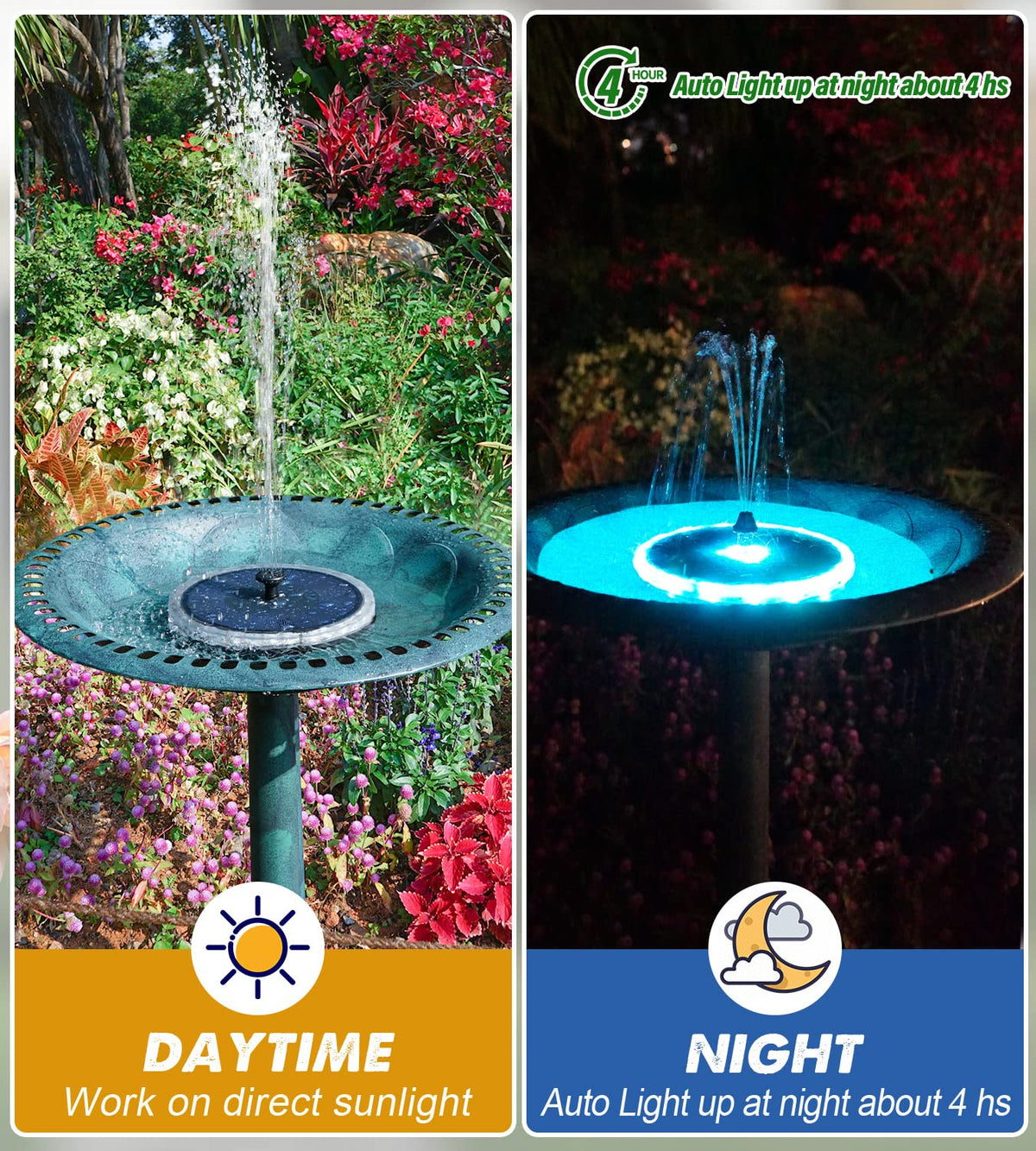 Yzert anti-drift design keeps the fountain stable over a bird bath.