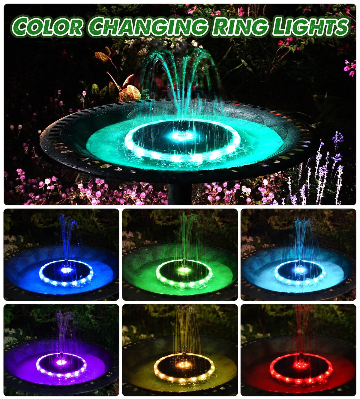 Yzert solar fountain shows 4000mAh battery powering lights after daylight in outdoor settings.
