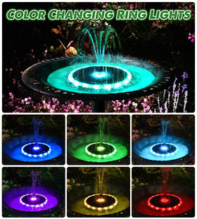 Yzert solar fountain shows 4000mAh battery powering lights after daylight in outdoor settings.