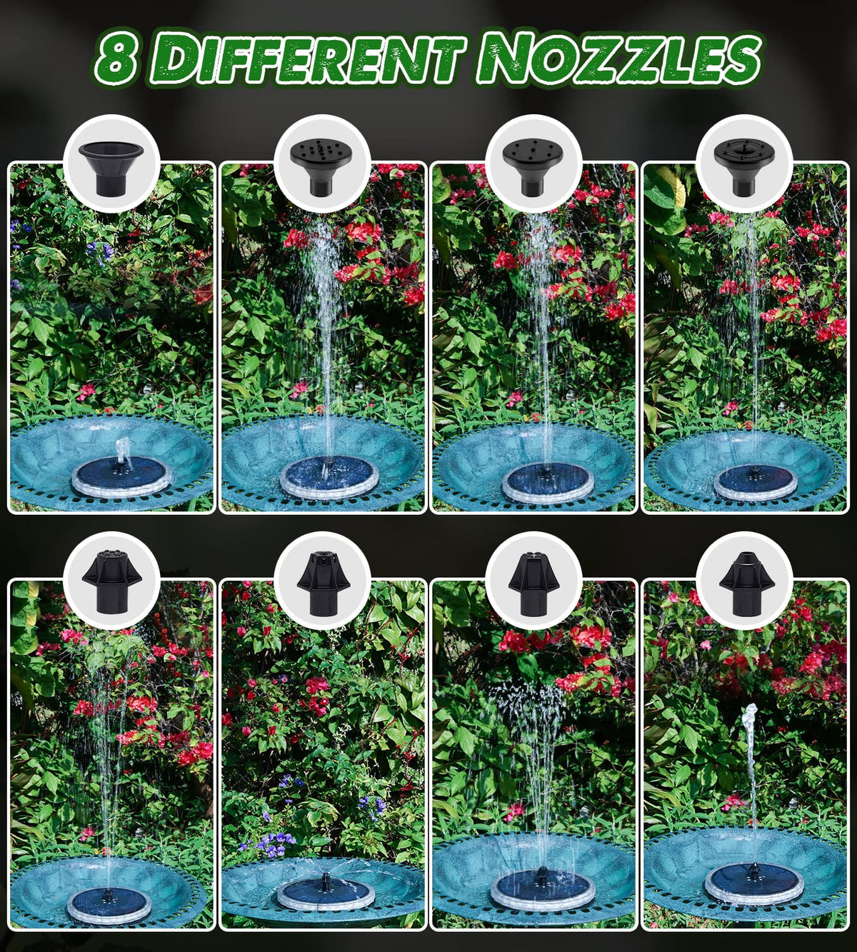 Yzert fountain with 8 nozzles enables customizable spray patterns for gardens.