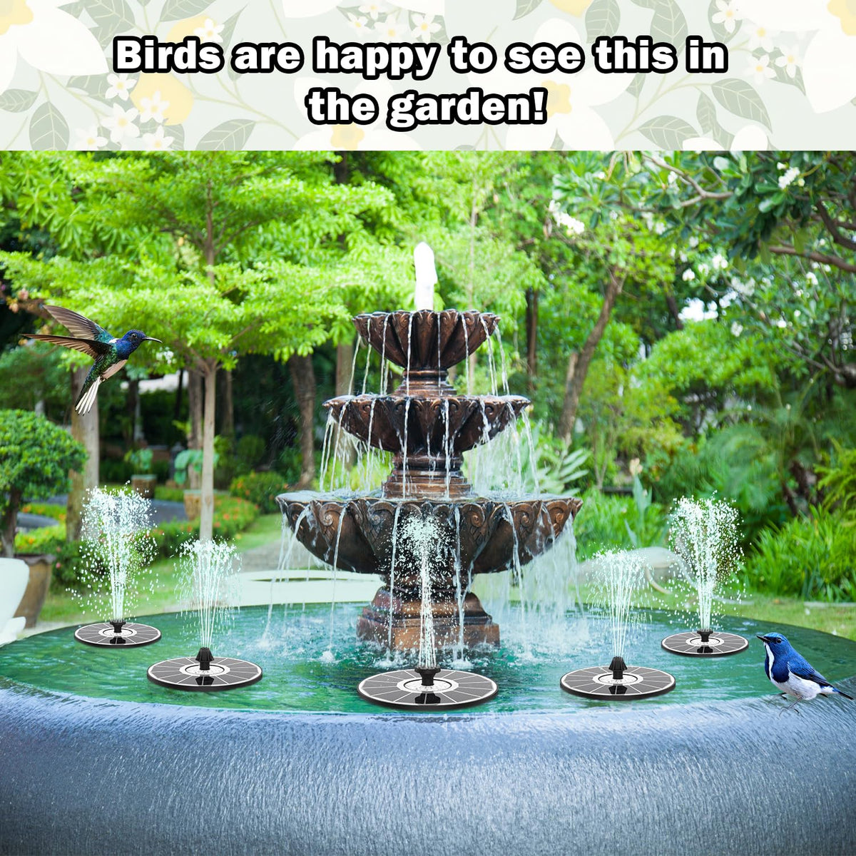 Yzert Solar Fountain assembled in a bird bath for a serene display