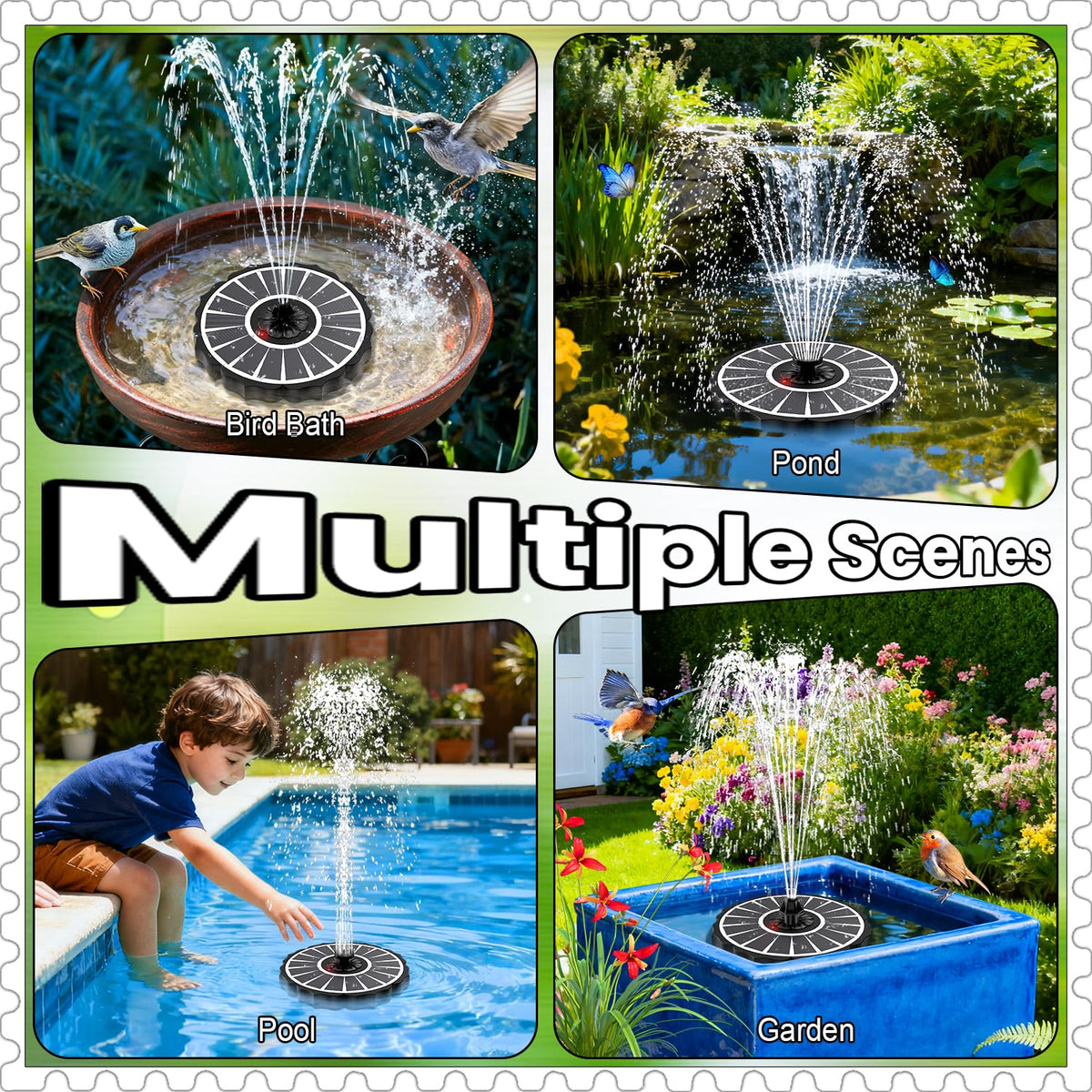 Yzert fountain enhances bird baths, ponds, pools, and garden decor.