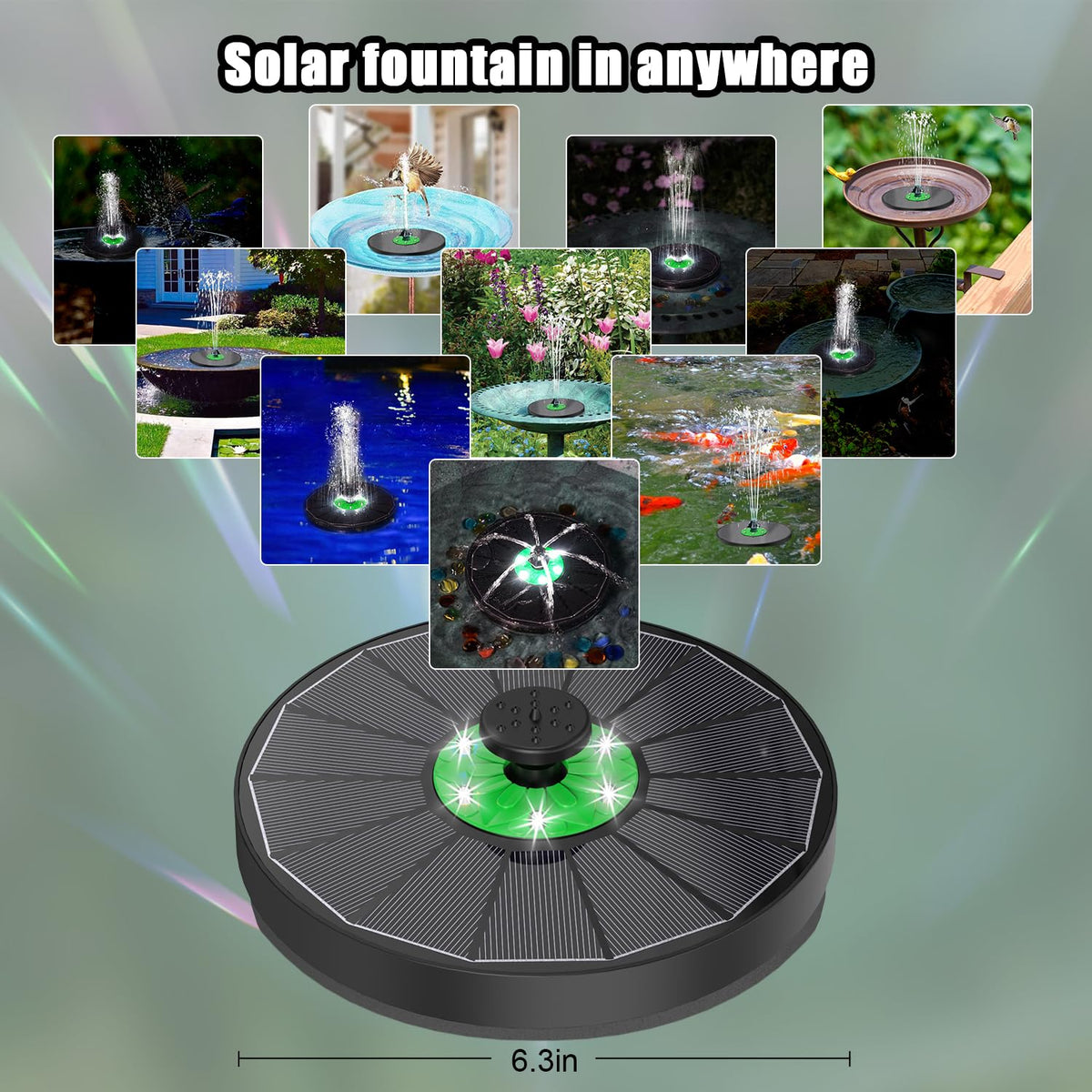 Yzert solar fountain glowing with white LEDs for evening ambience