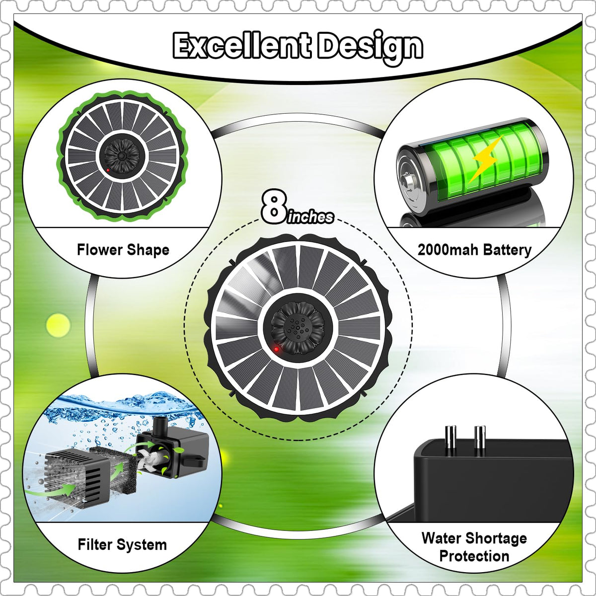 Yzert fountain offers eight styles with seven nozzles for versatile sprays.