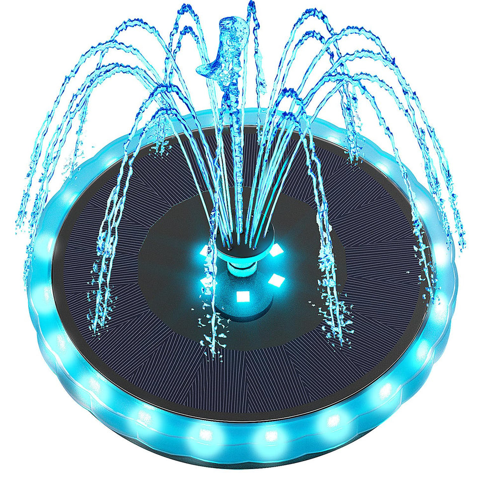 Yzert solar fountain with matte panel creates color reflections on water at night for bird baths.