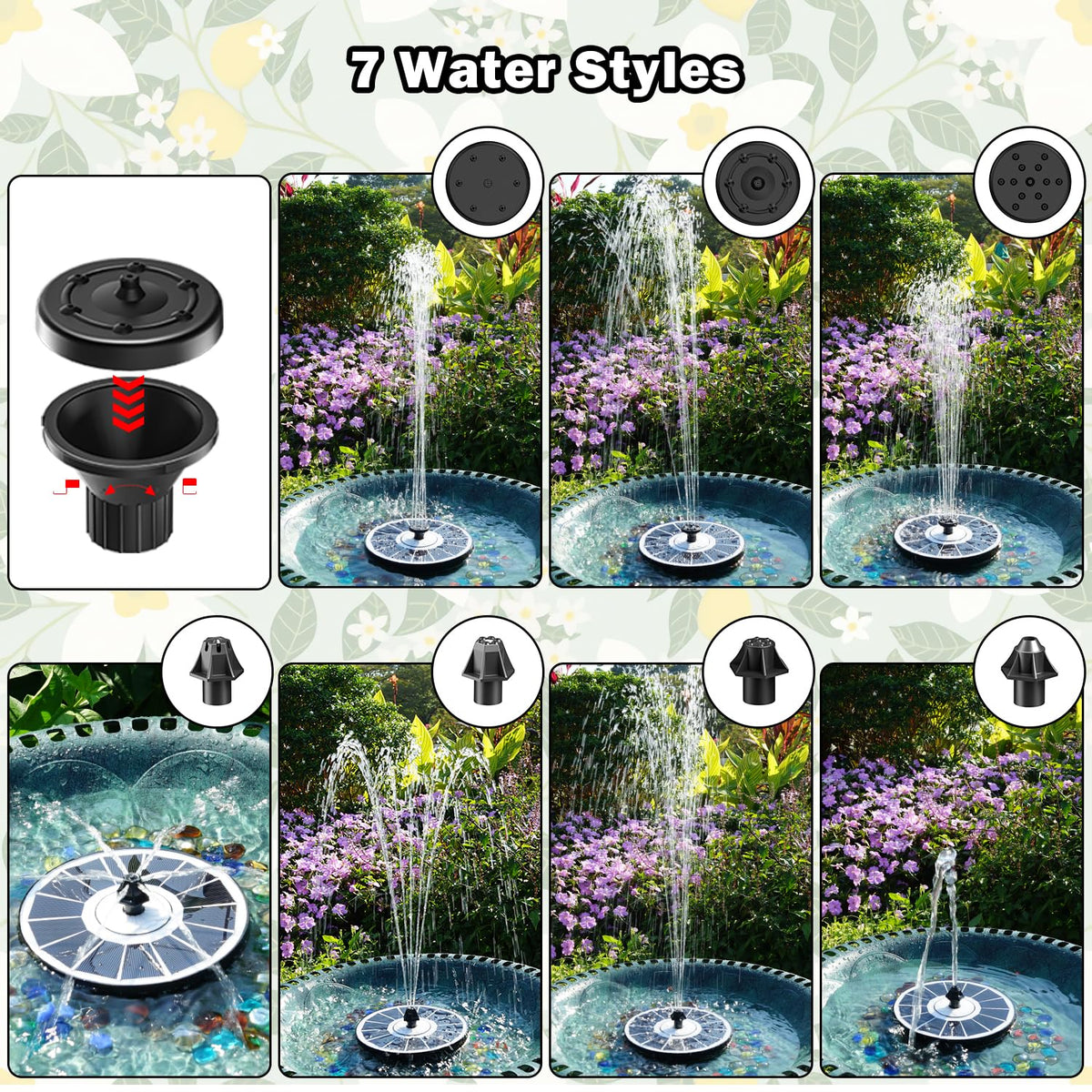 Yzert Solar Fountain seven nozzles offer customizable water styles