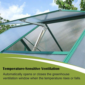Yziixi solar greenhouse vent opener in action provides automatic temperature-activated ventilation.
