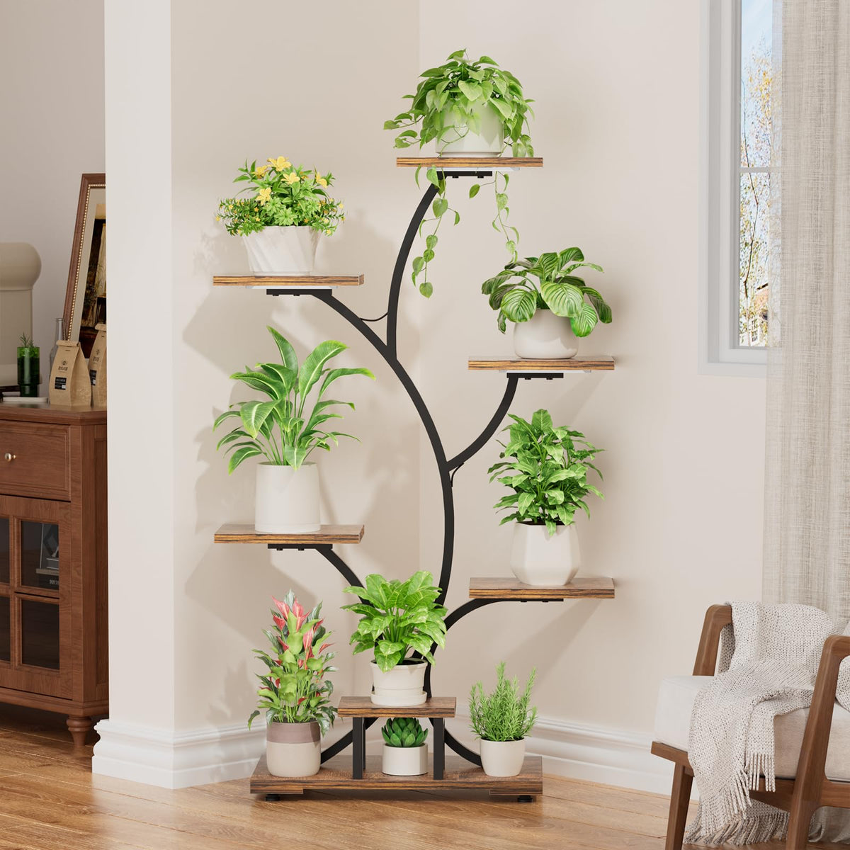 Yzosvki multipurpose display rack ideal for photos, decor, and greenery.