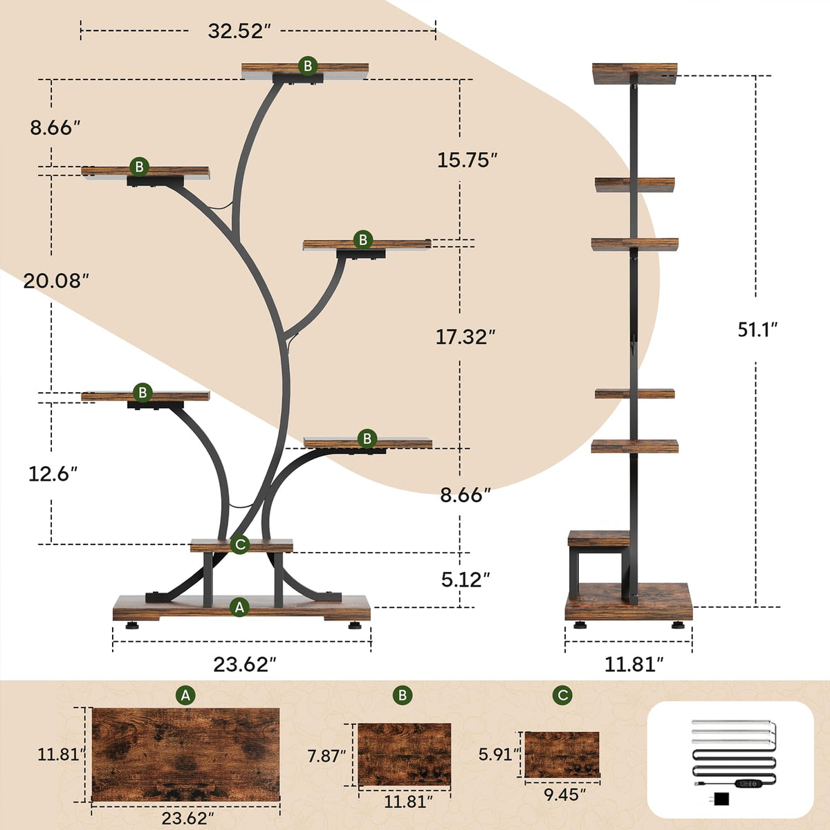 Yzosvki plant stand features a 3-head grow light panel for indoor gardening.